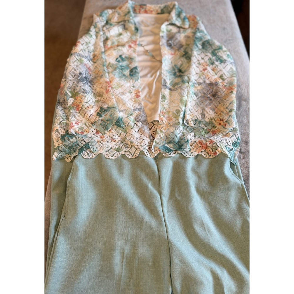 Alfred Dunner 3 Piece Pant Set 14 Tank, Floral Jacket & Mint Green Pull On Pants